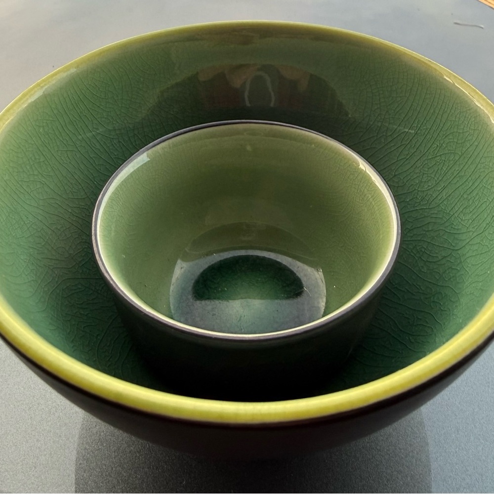 Set Of 2 Green & Off Black Ceramic Asian Style Bowl.